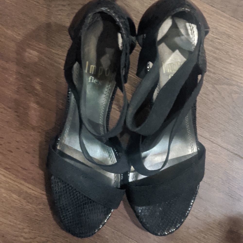 𝅺impo Flex 4" elastic strappy dress sandal with faux snakeskin heel accent.